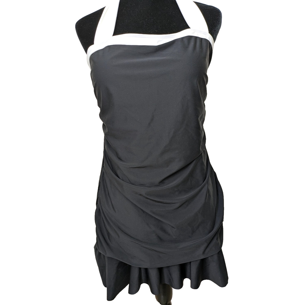 Womens 2 Piece Tankini Halter Swimsuit w Brief XL Black White Tummy Control